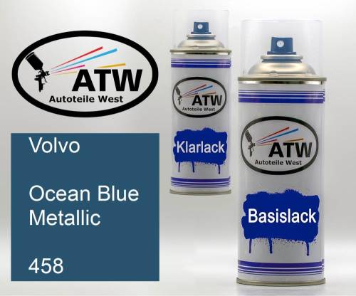 Volvo, Ocean Blue Metallic, 458: 400ml Sprühdose + 400ml Klarlack - Set, von ATW Autoteile West.